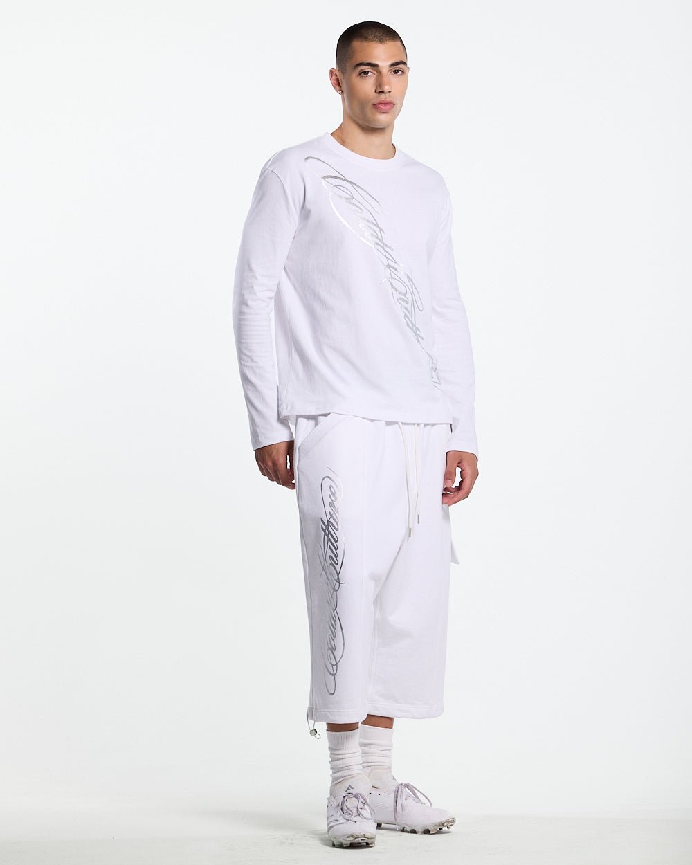 ICON LONGSLEEVE TEE WHITE - white graphic print longsleeve tee, front view on male model - Cold Culture #man