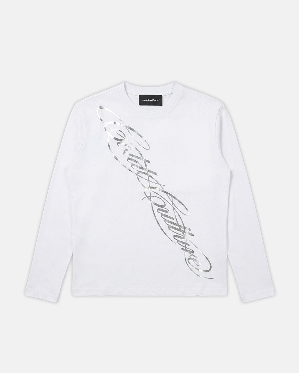 ICON LONGSLEEVE TEE WHITE - white graphic print longsleeve tee, front view - Cold Culture #packshot