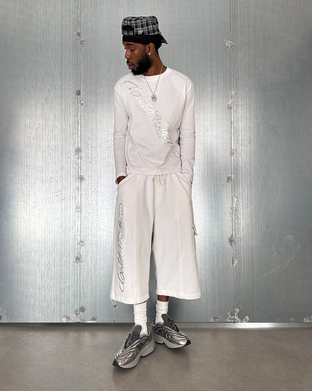 ICON LONGSLEEVE TEE WHITE - white graphic print longsleeve tee, front view on male model - Cold Culture