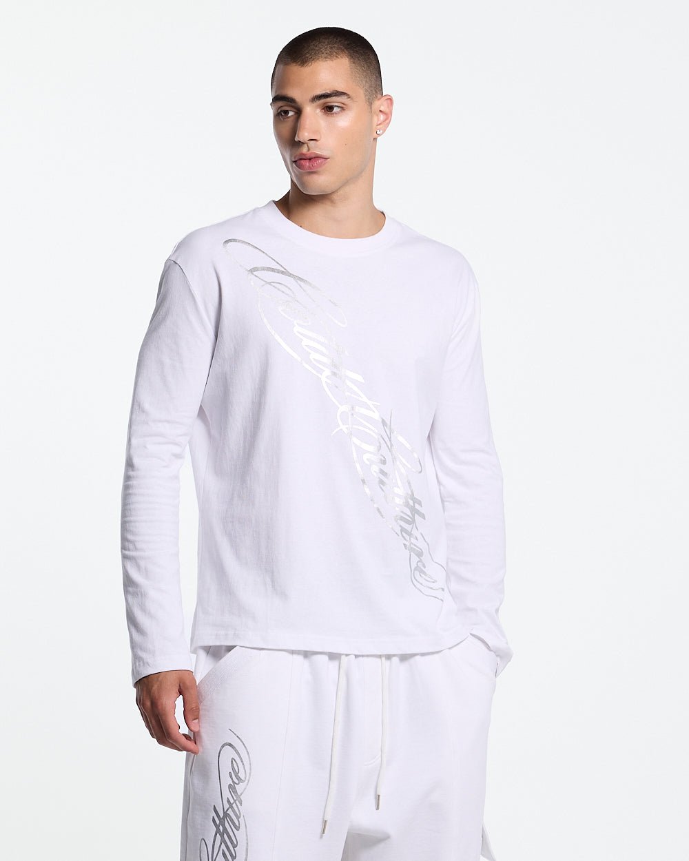 ICON LONGSLEEVE TEE WHITE - white graphic print longsleeve tee, front view on male model - Cold Culture #man