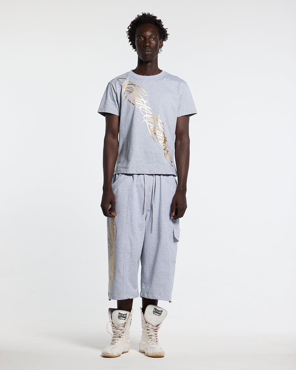 ICON TEE HEATHER GREY - heather grey graphic print tee, front view on male model - Cold Culture #man