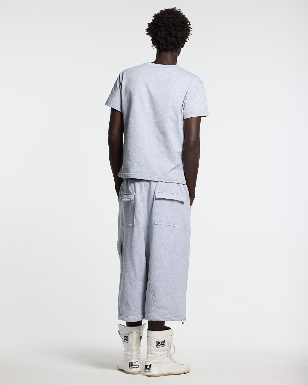 ICON TEE HEATHER GREY - heather grey graphic print tee, back view on male model - Cold Culture #man
