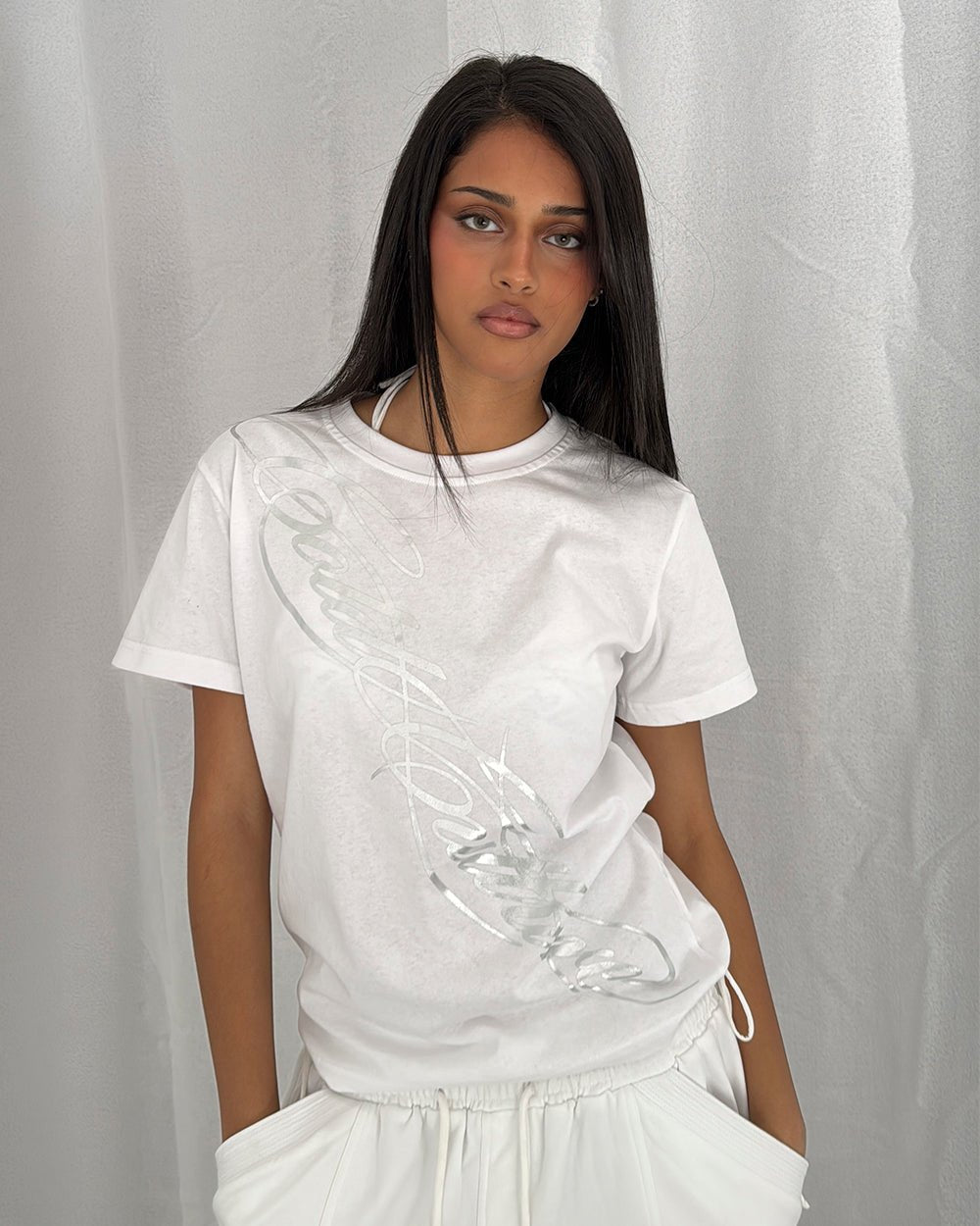 ICON TEE WHITE - white graphic print tee, front view on female model - Cold Culture #woman