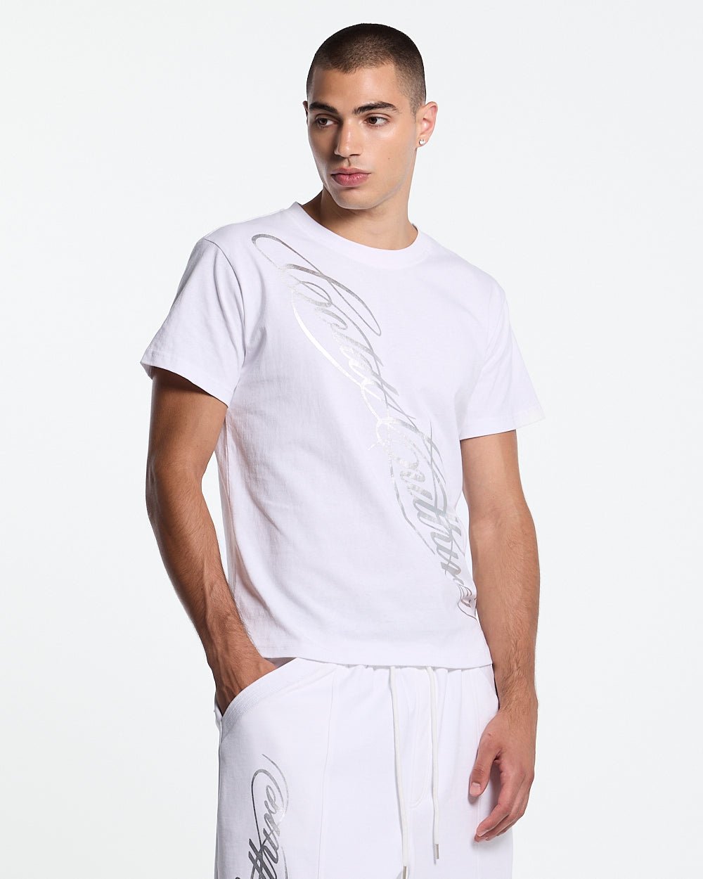 ICON TEE WHITE - white graphic print tee, front view on male model - Cold Culture #man