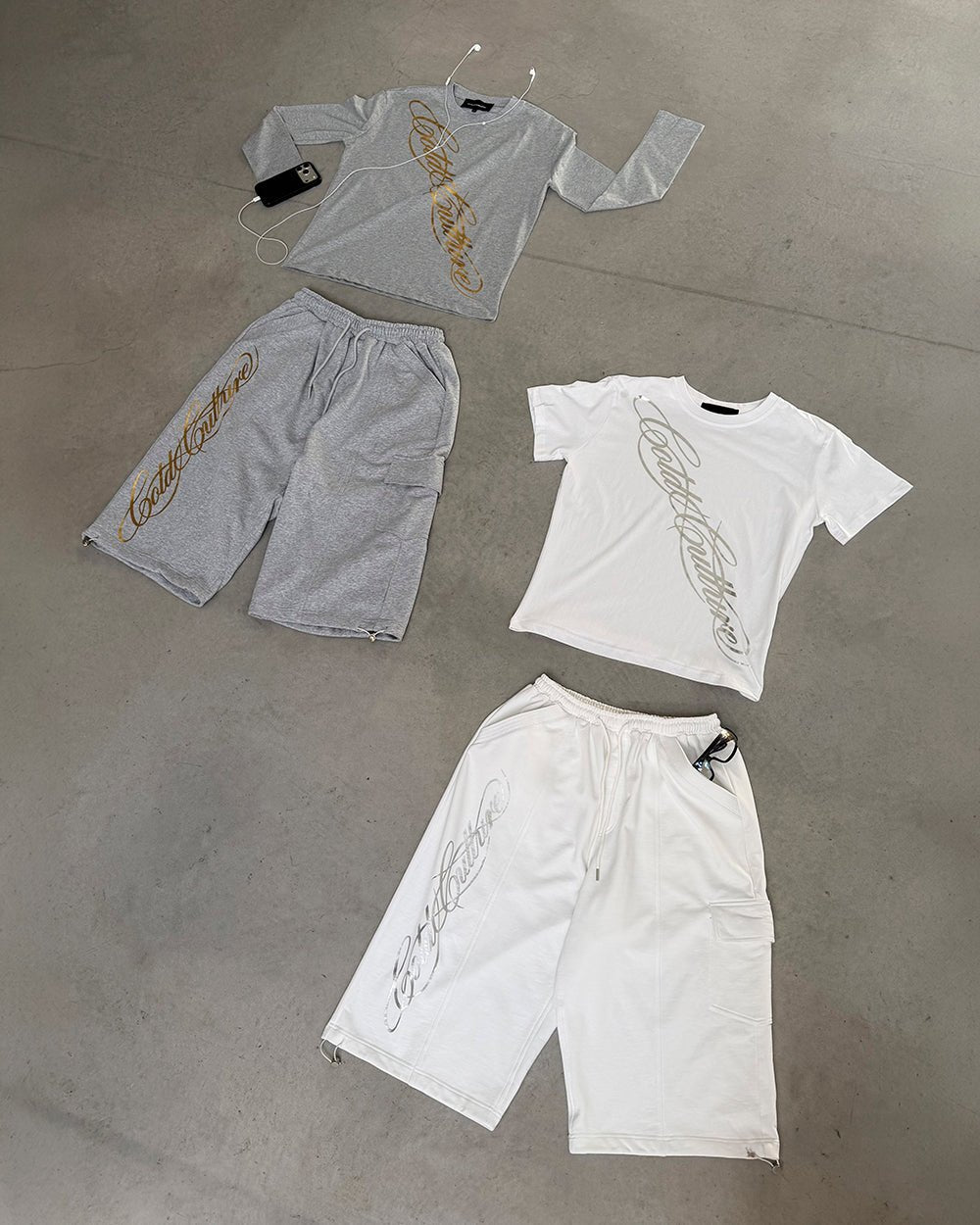 ICON TEE WHITE - white graphic print tee, flat lay with matching pieces - Cold Culture