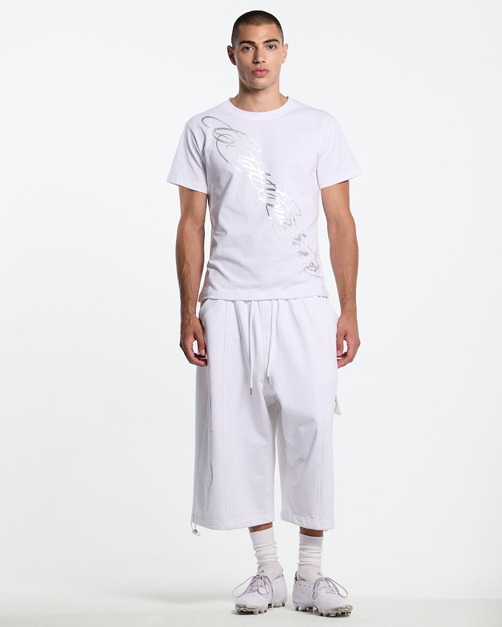 ICON TEE WHITE - white graphic print tee, front view on male model - Cold Culture #man