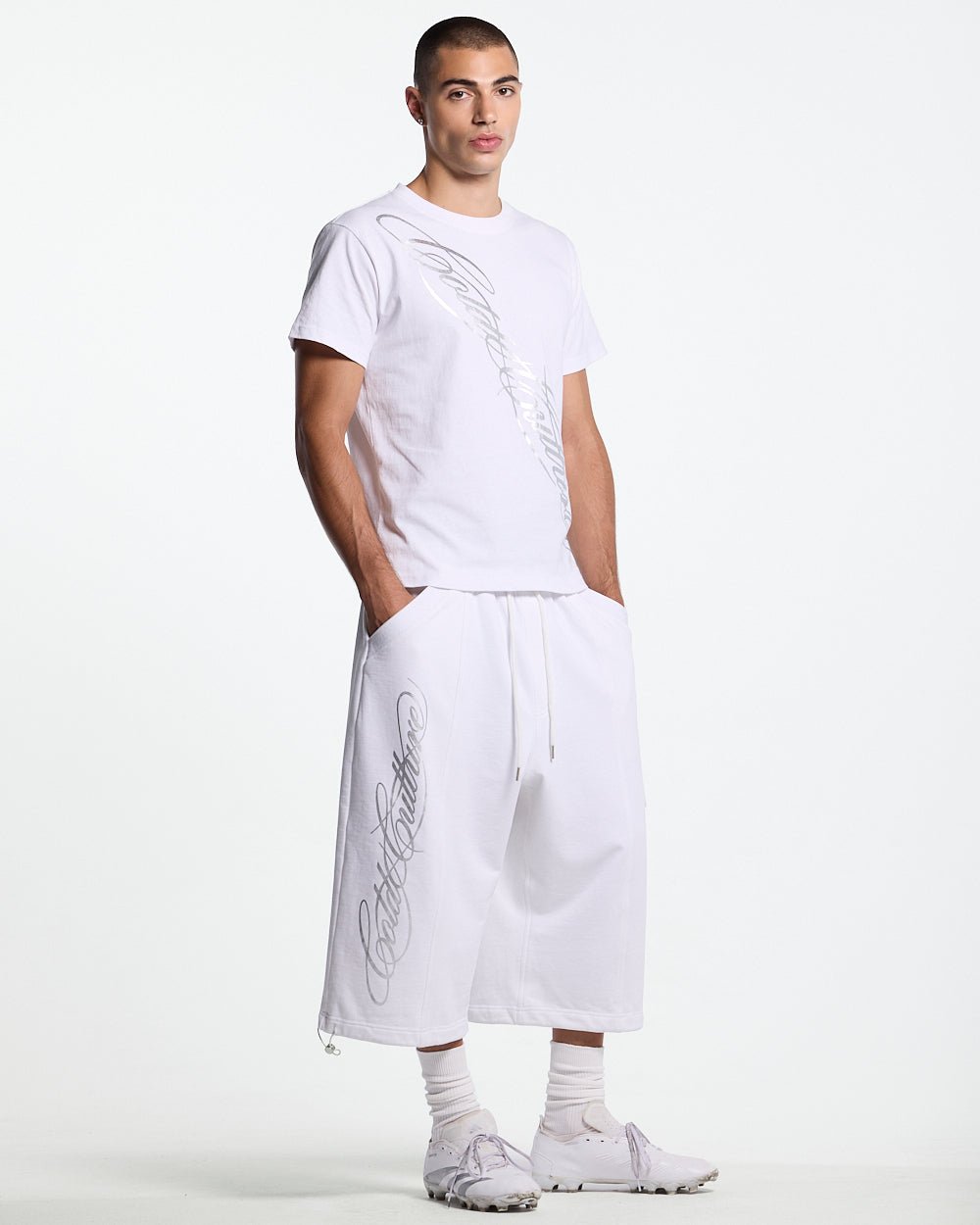 ICON TEE WHITE - white graphic print tee, front view on male model - Cold Culture #man