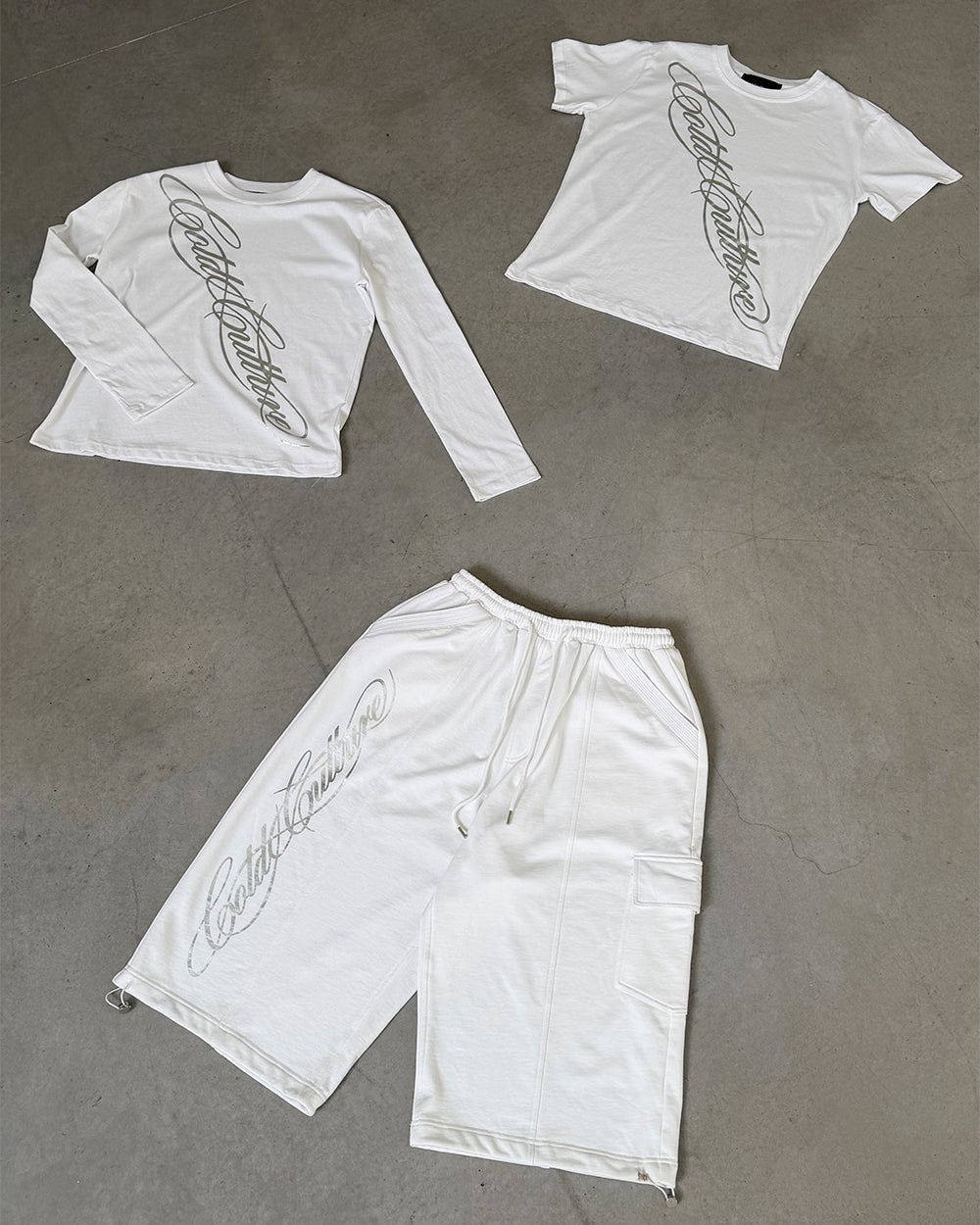 ICON TEE WHITE - white graphic print tee, flat lay with matching pieces - Cold Culture