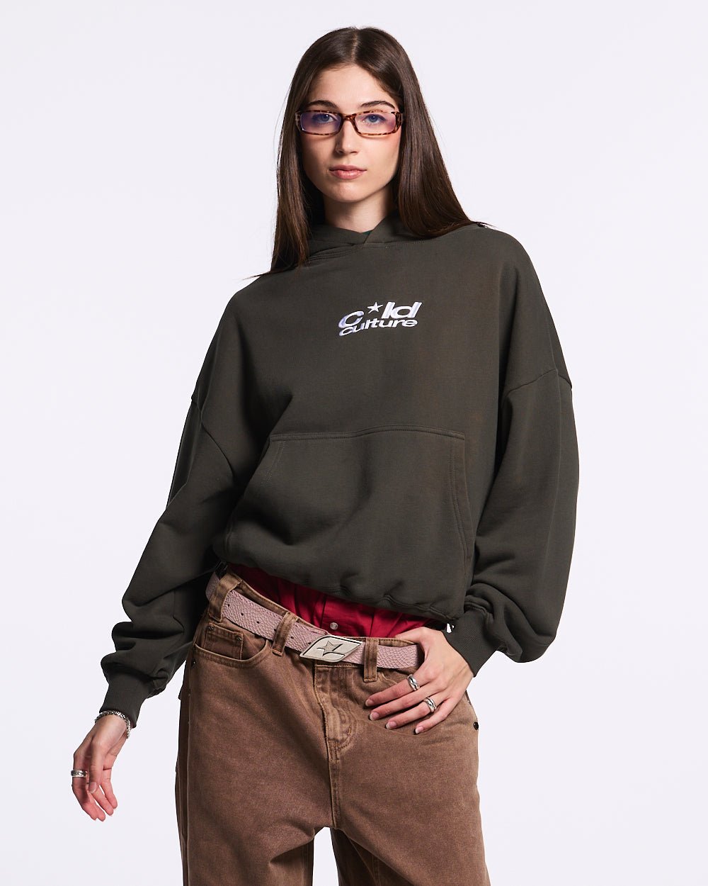 ICONIC COLD HOODIE GREY - dark grey graphic print hoodie, front view on female model - Cold Culture #woman