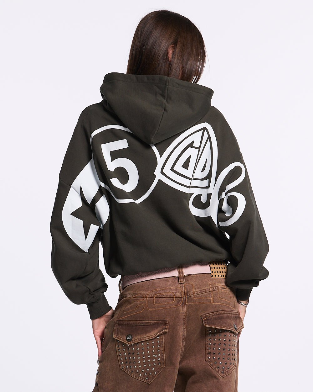 ICONIC COLD HOODIE GREY - dark grey graphic print hoodie, back view on female model - Cold Culture #woman