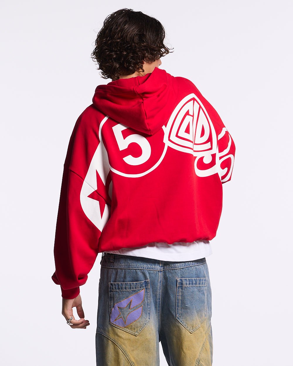 ICONIC COLD HOODIE RED - red graphic print hoodie, back view on male model - Cold Culture
