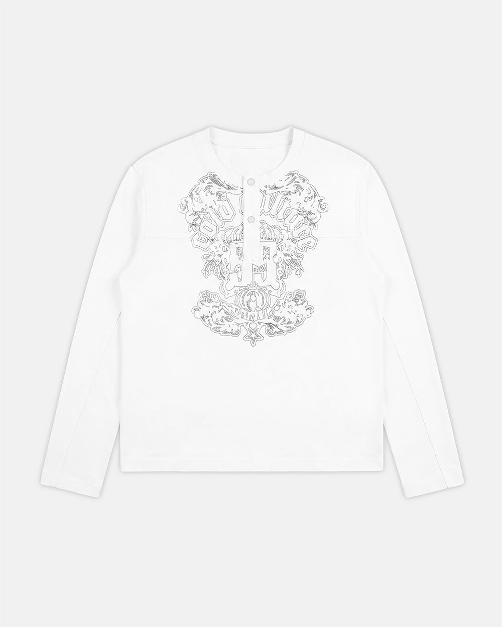 IDENTITY LONGSLEEVE WHITE - white embroidered longsleeve tee, front view - Cold Culture #packshot