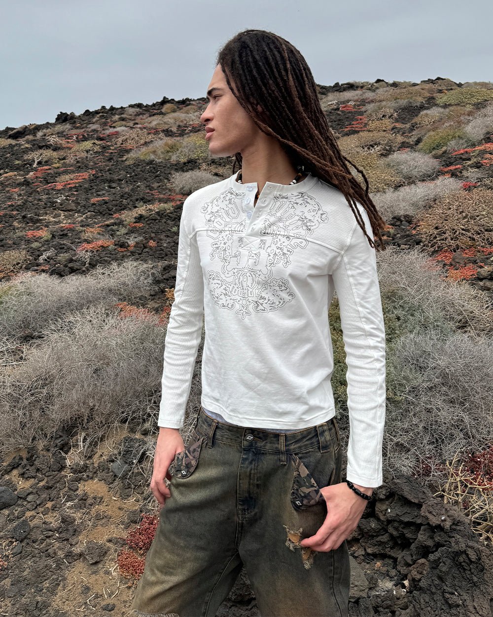 IDENTITY LONGSLEEVE WHITE - white embroidered longsleeve tee, street style shot - Cold Culture #woman