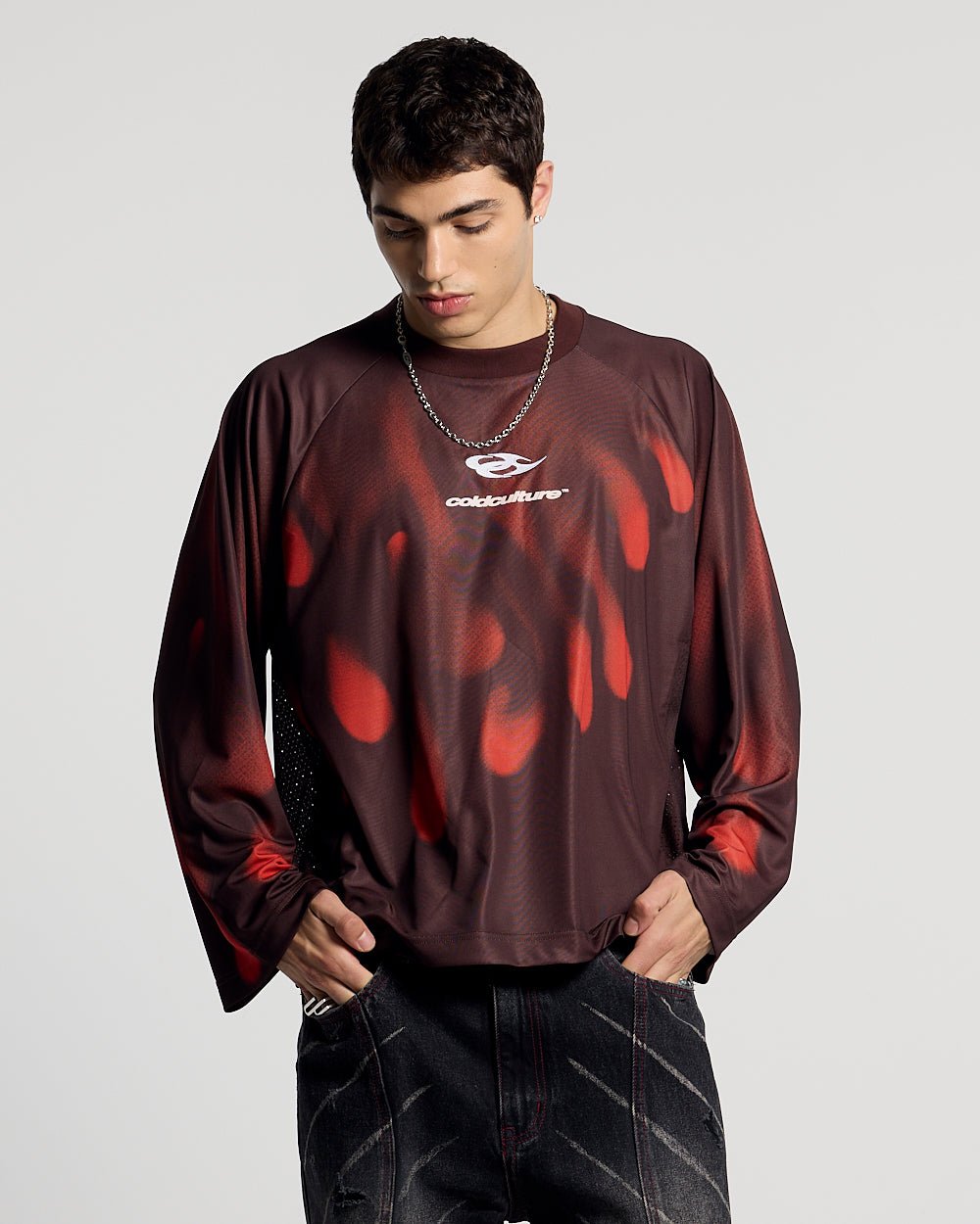 IGNITE LONGSLEEVE BLACK & RED - black and red printed longsleeve tee, front view on male model - Cold Culture #man