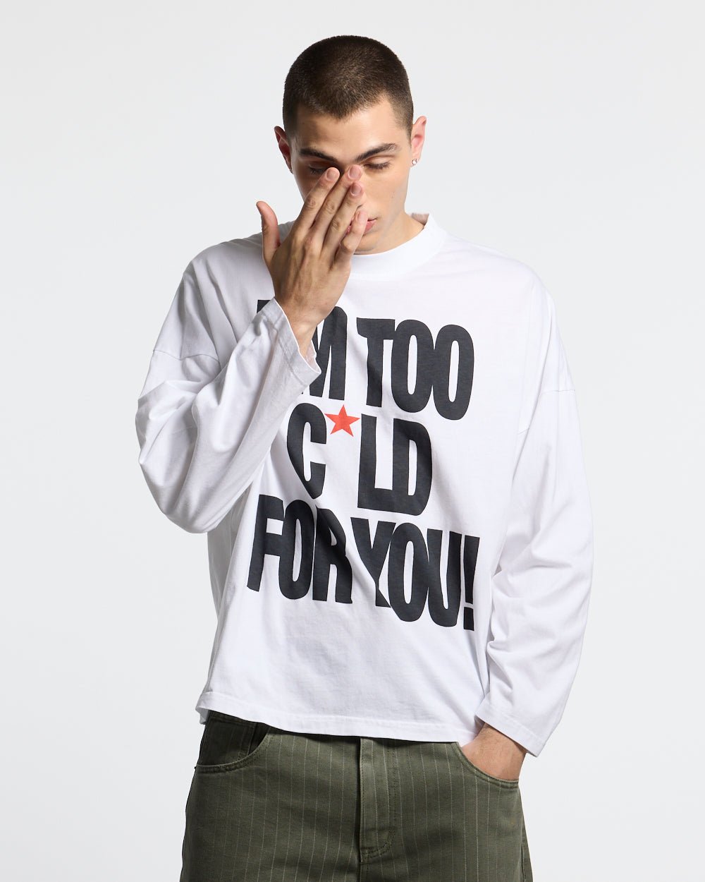 IM TOO COLD LONGSLEEVE TEE WHITE - white slogan print longsleeve tee, front view on male model - Cold Culture #man