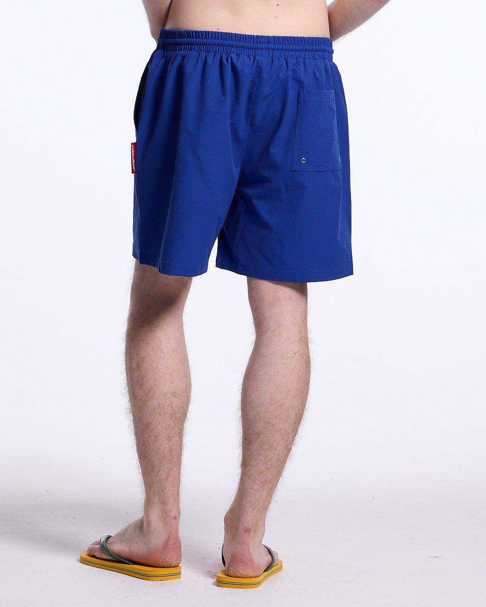IMPACT SWIMWEAR BLUE - blue printed swim shorts, back view on male model - Cold Culture