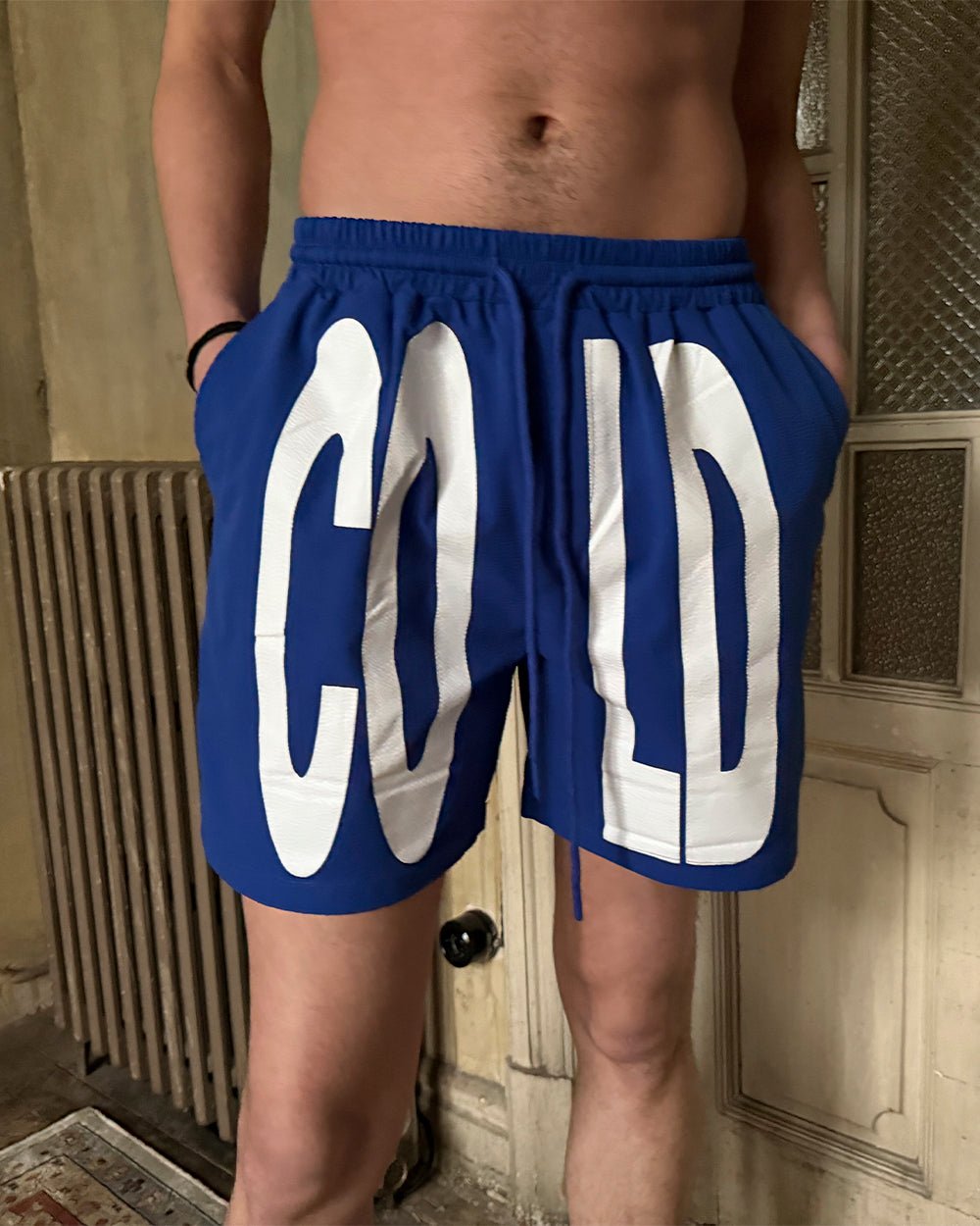 IMPACT SWIMWEAR BLUE - blue printed swim shorts, worn detail - Cold Culture