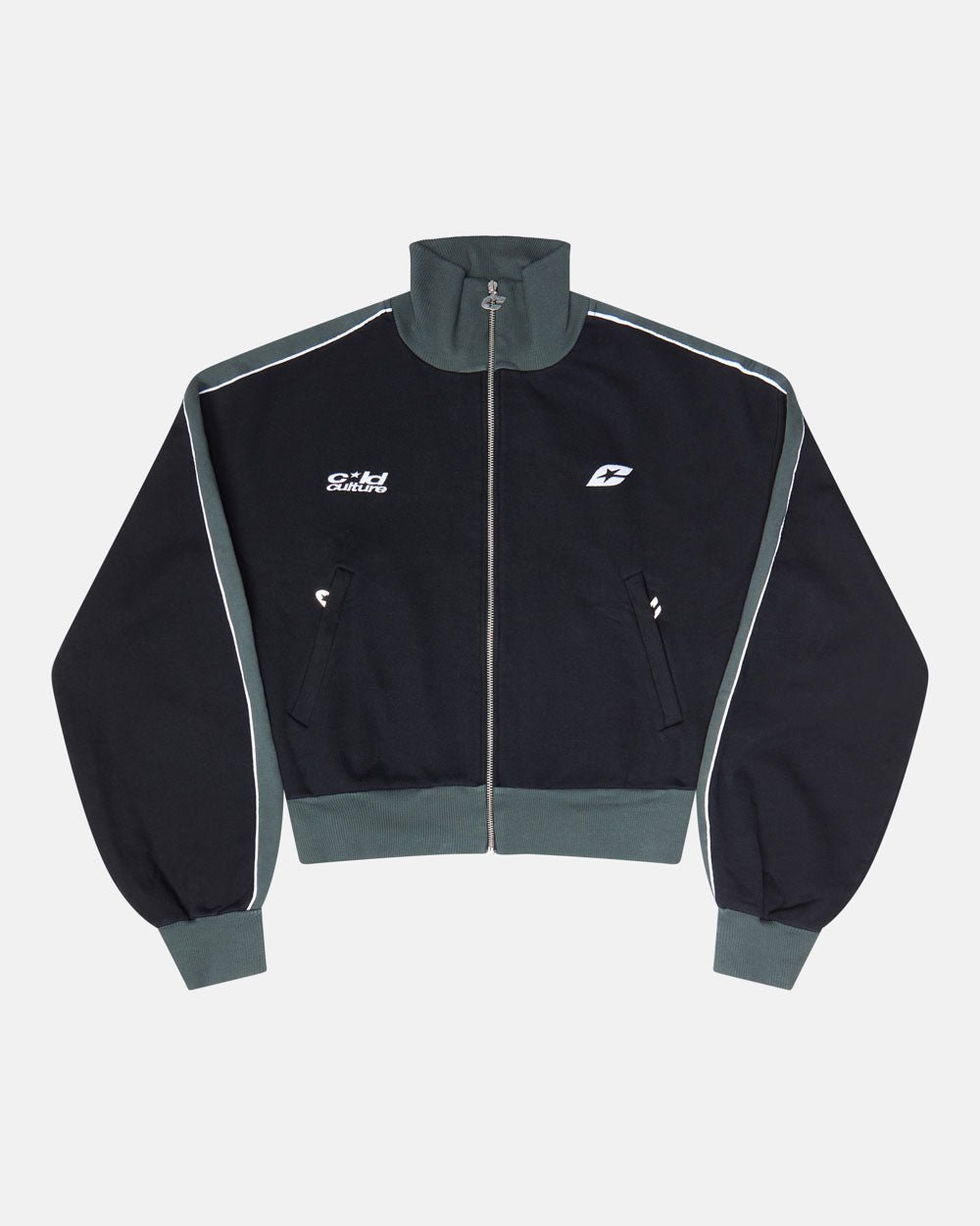 JET LAG JACKET BLACK - black and green zip-up hoodie, front view - Cold Culture #packshot