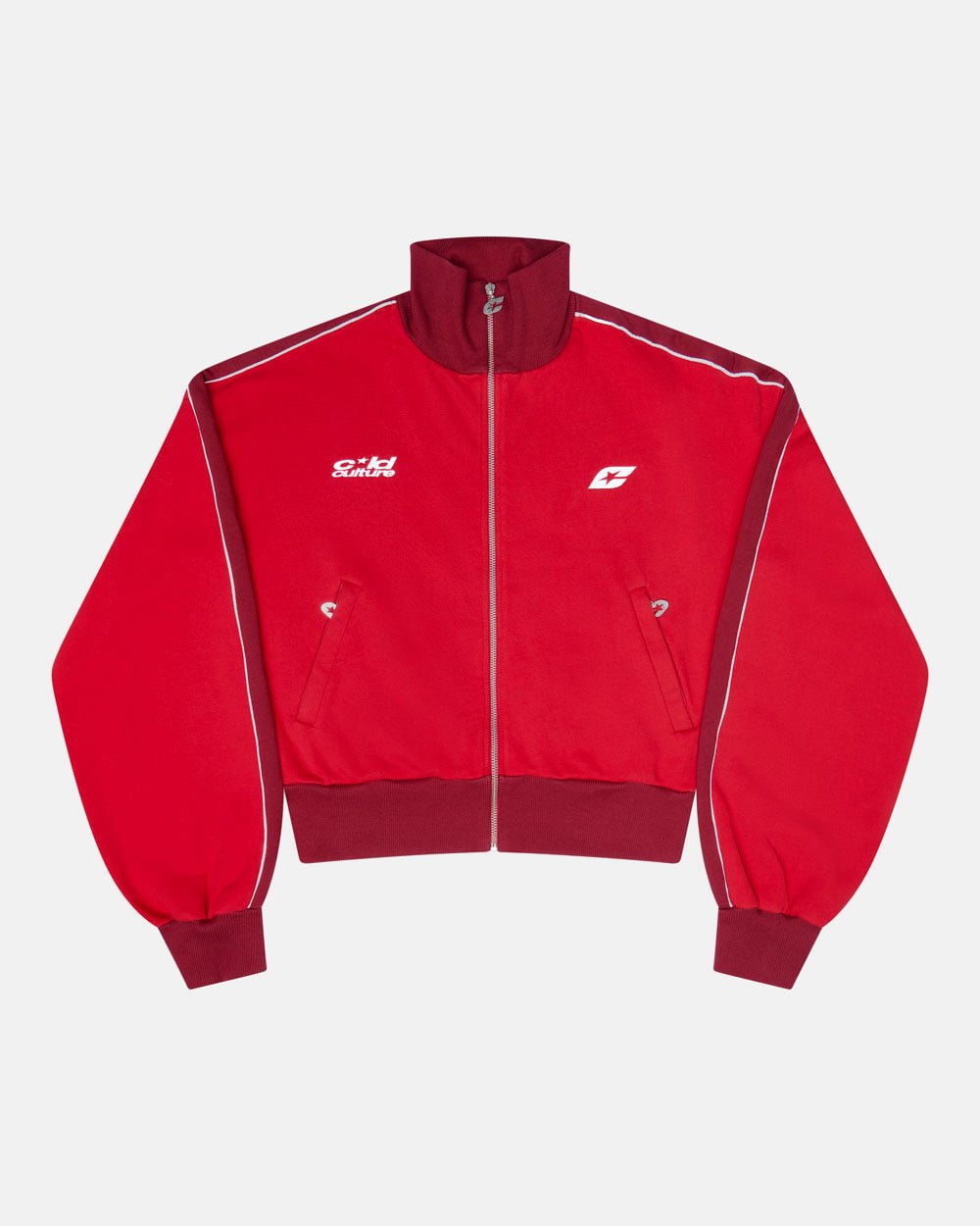 JET LAG JACKET RED - red and burgundy zip-up hoodie, front view - Cold Culture #packshot