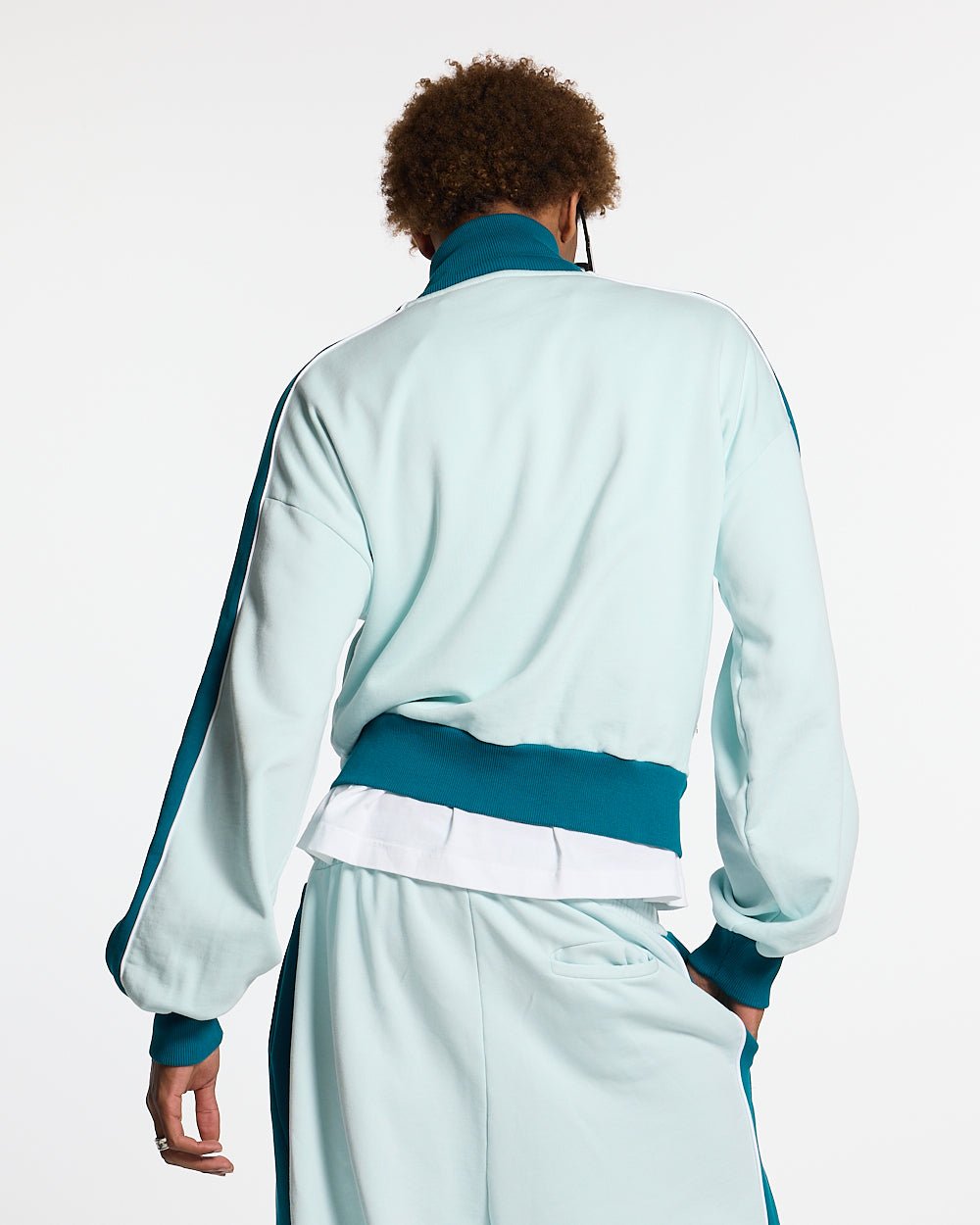 JET LAG JACKET SKY BLUE - sky blue zip-up hoodie, back view on male model - Cold Culture #man