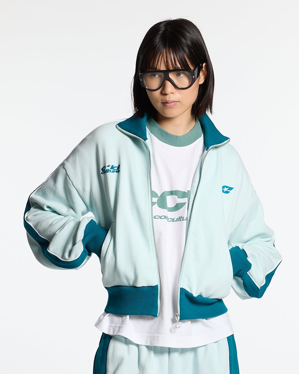 JET LAG JACKET SKY BLUE - sky blue zip-up hoodie, front view on female model - Cold Culture #woman