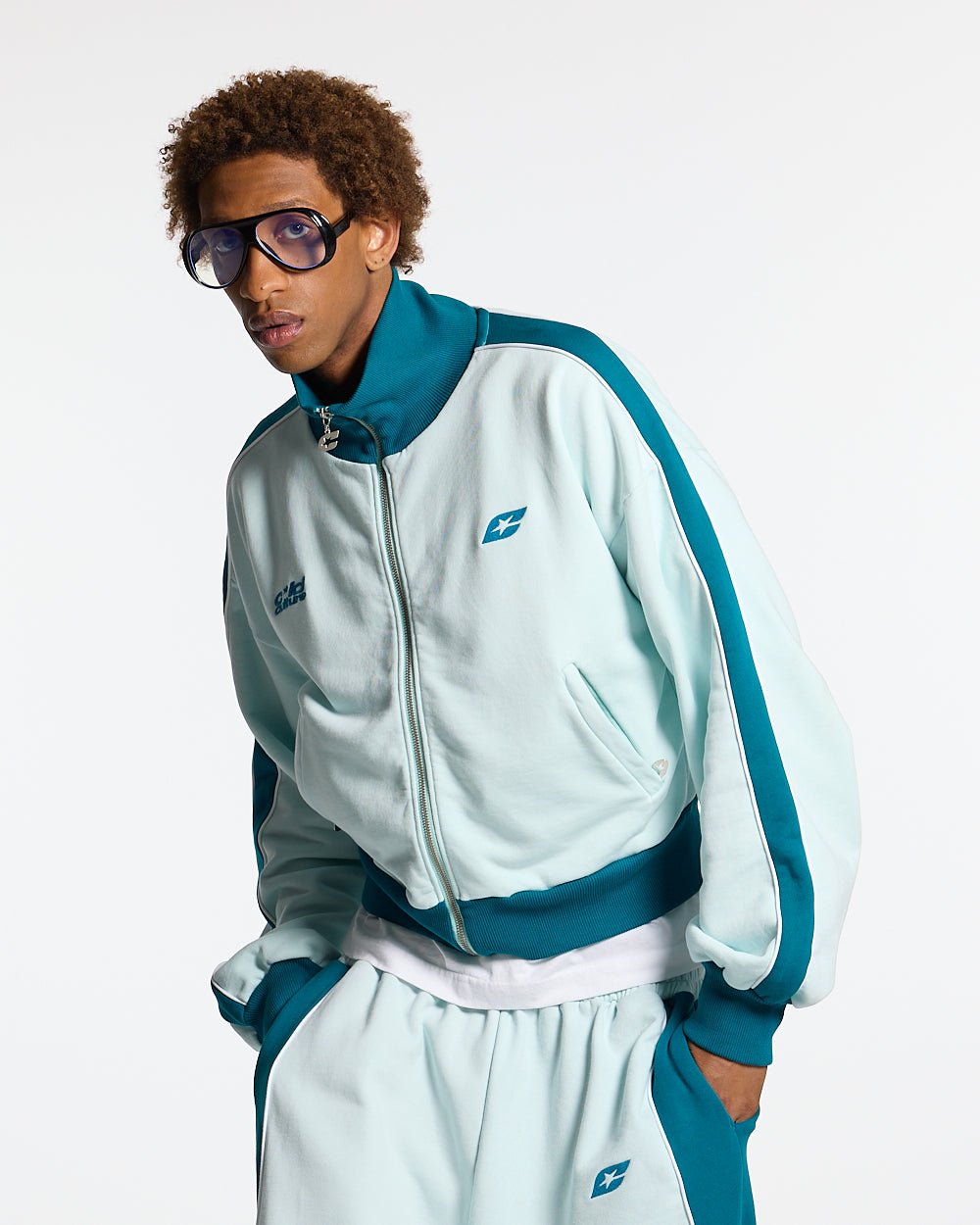 JET LAG JACKET SKY BLUE - sky blue zip-up hoodie, front view on male model - Cold Culture #man