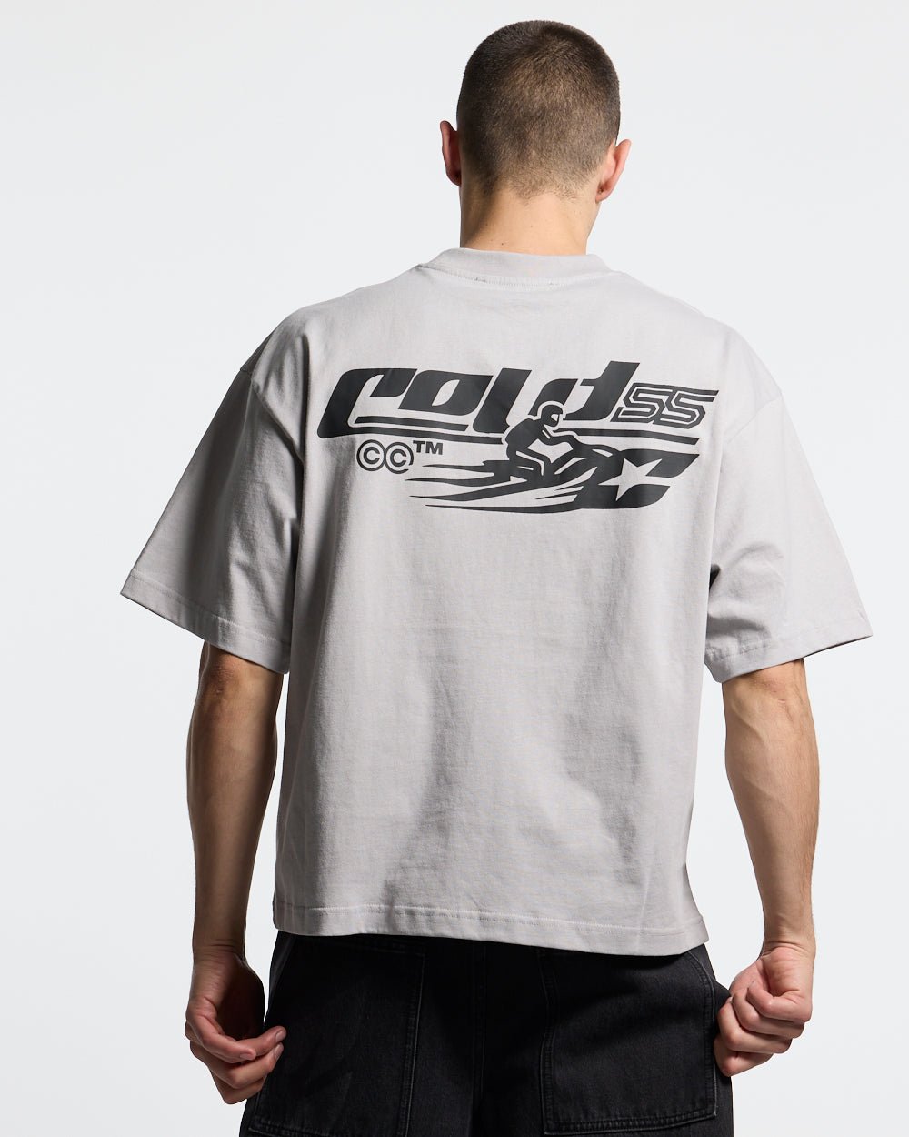 JET SKI TEE LIGHT GREY - light grey graphic print tee, back view on male model - Cold Culture #man