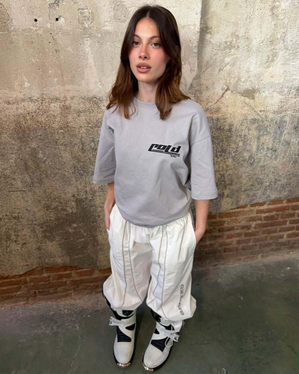 JET SKI TEE LIGHT GREY - light grey graphic print tee, street style shot - Cold Culture #woman