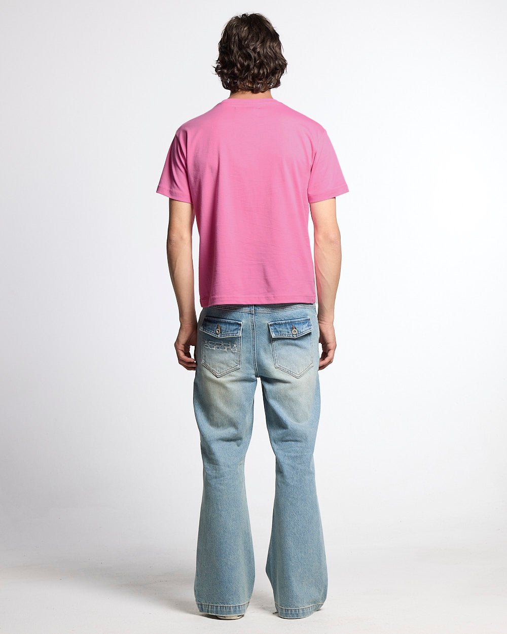 JUICY TEE PINK - pink graphic print tee, back view on male model - Cold Culture #man