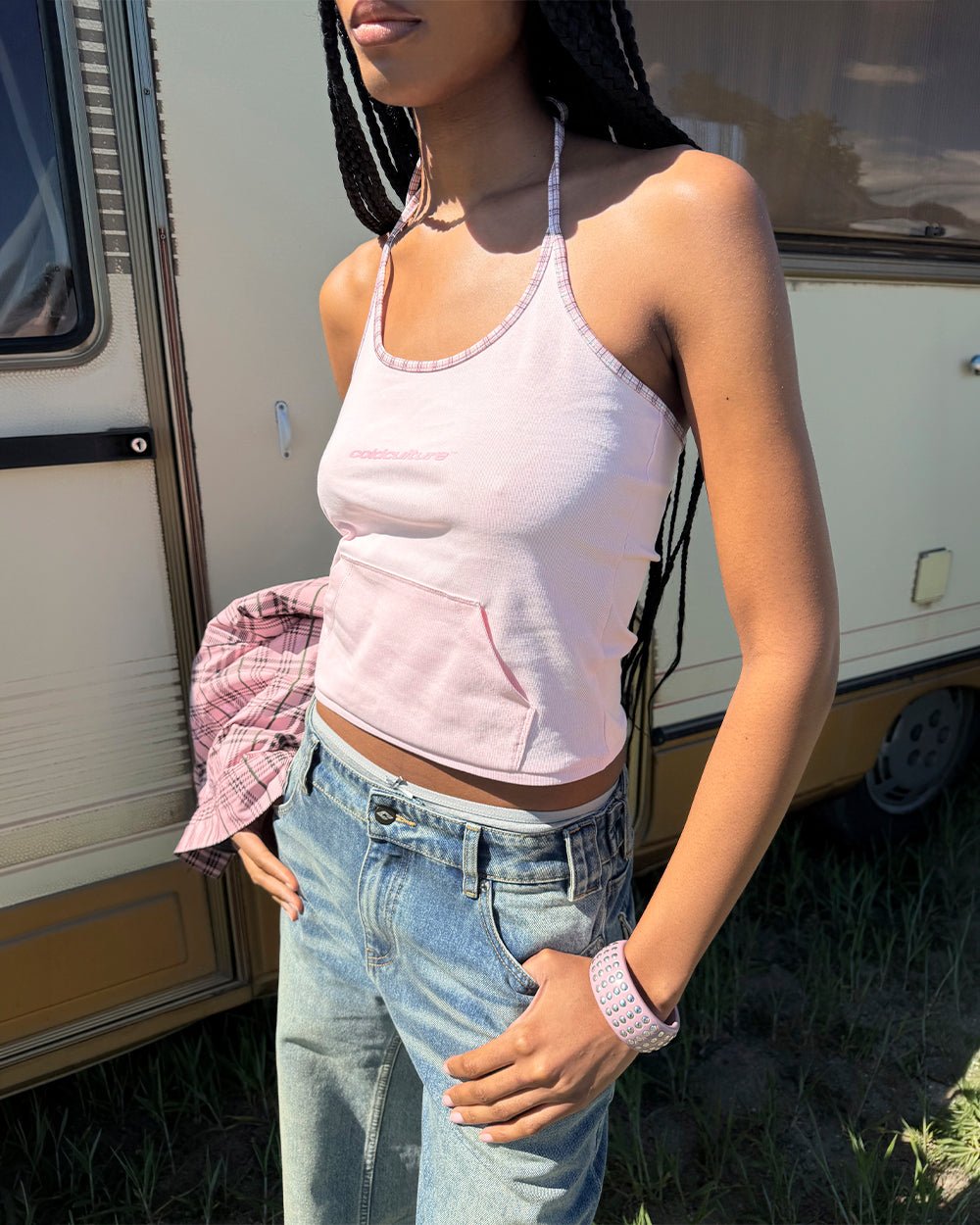 KANGAROO TANK TOP BABY PINK - baby pink halter tank top, street style shot - Cold Culture #woman