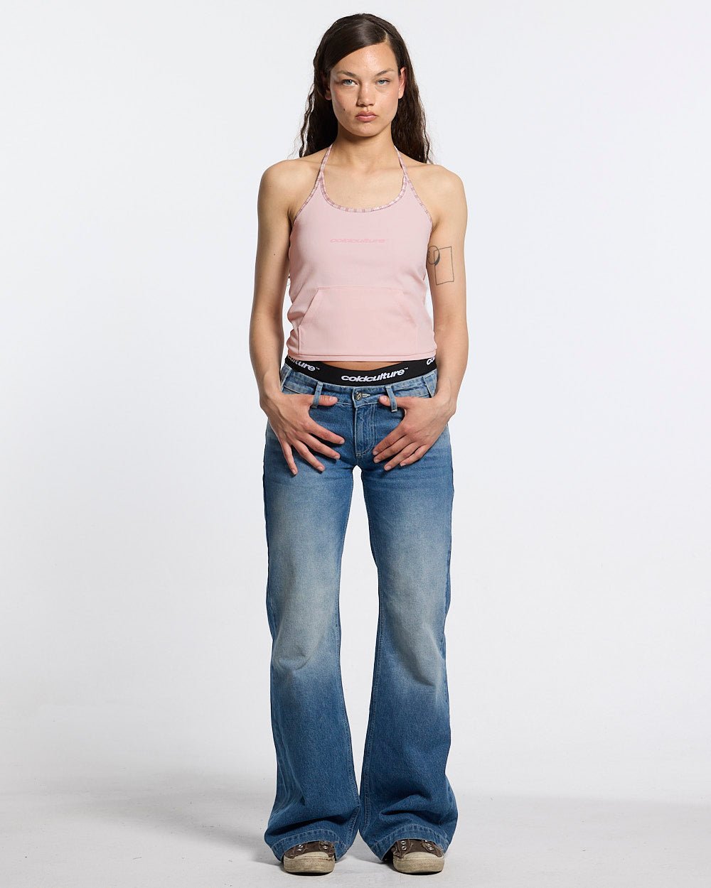 KANGAROO TANK TOP BABY PINK - baby pink halter tank top, front view on female model - Cold Culture #woman