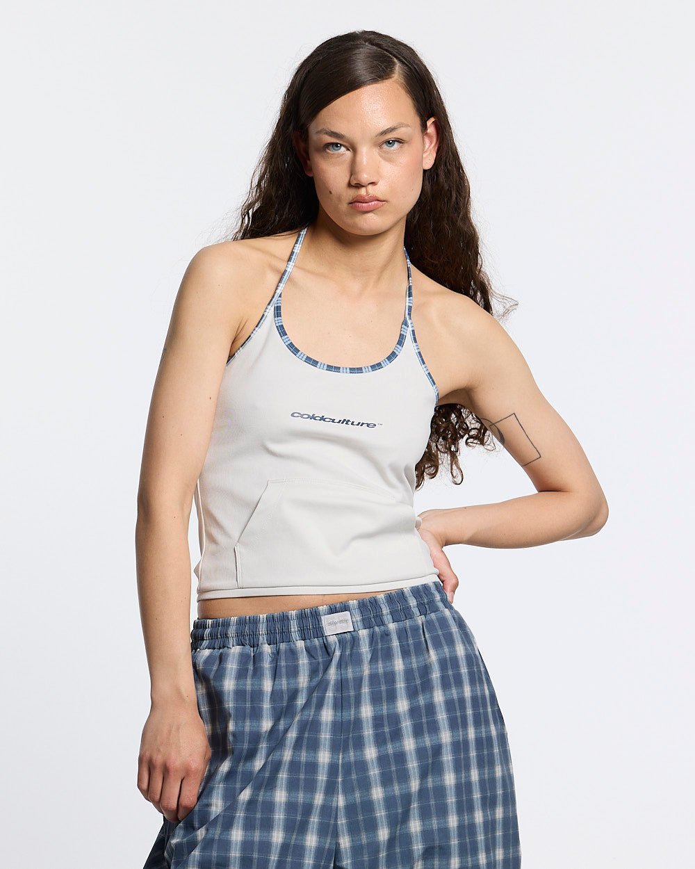 KANGAROO TANK TOP GREY - light grey halter tank top, front view on female model - Cold Culture #woman