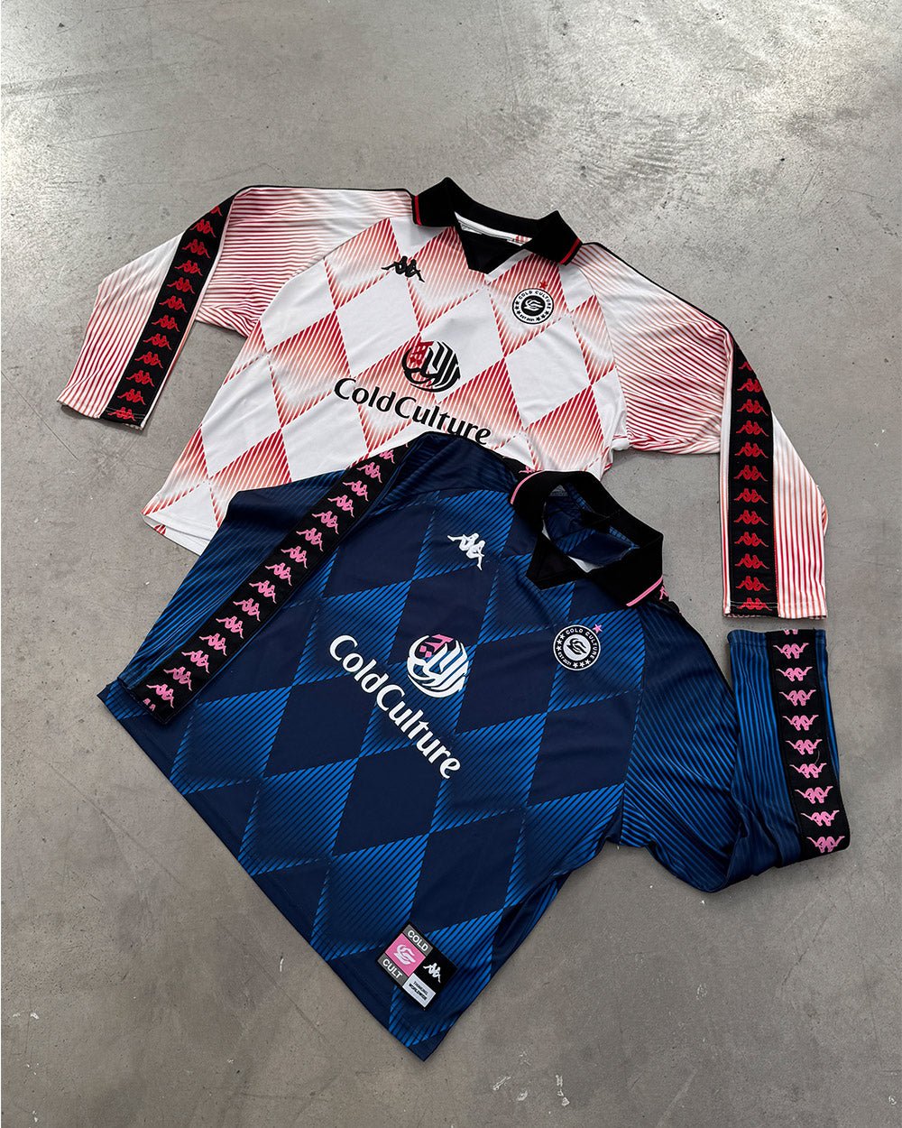 KAPPA X COLD CULTURE LONGSLEEVE BLUE - blue diamond print longsleeve tee, flat lay with matching pieces - Cold Culture