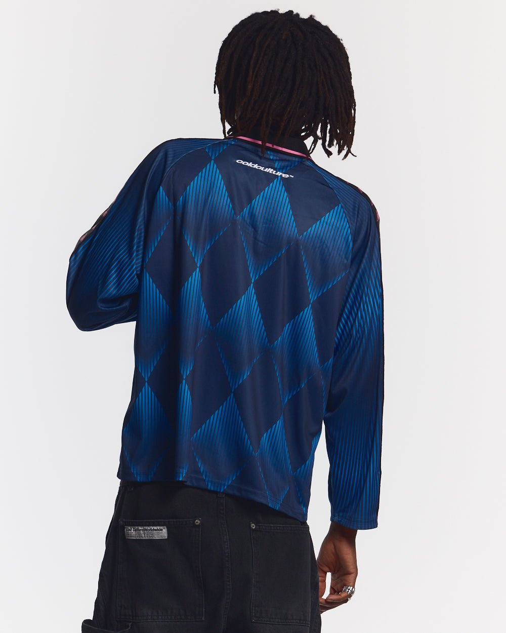 KAPPA X COLD CULTURE LONGSLEEVE BLUE - blue diamond print longsleeve tee, back view on male model - Cold Culture #man
