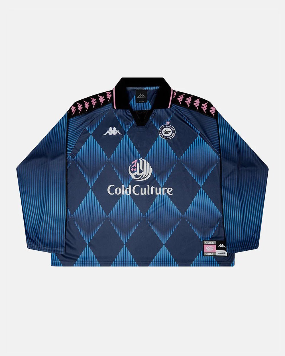 KAPPA X COLD CULTURE LONGSLEEVE BLUE - blue diamond print longsleeve tee, front view - Cold Culture #packshot