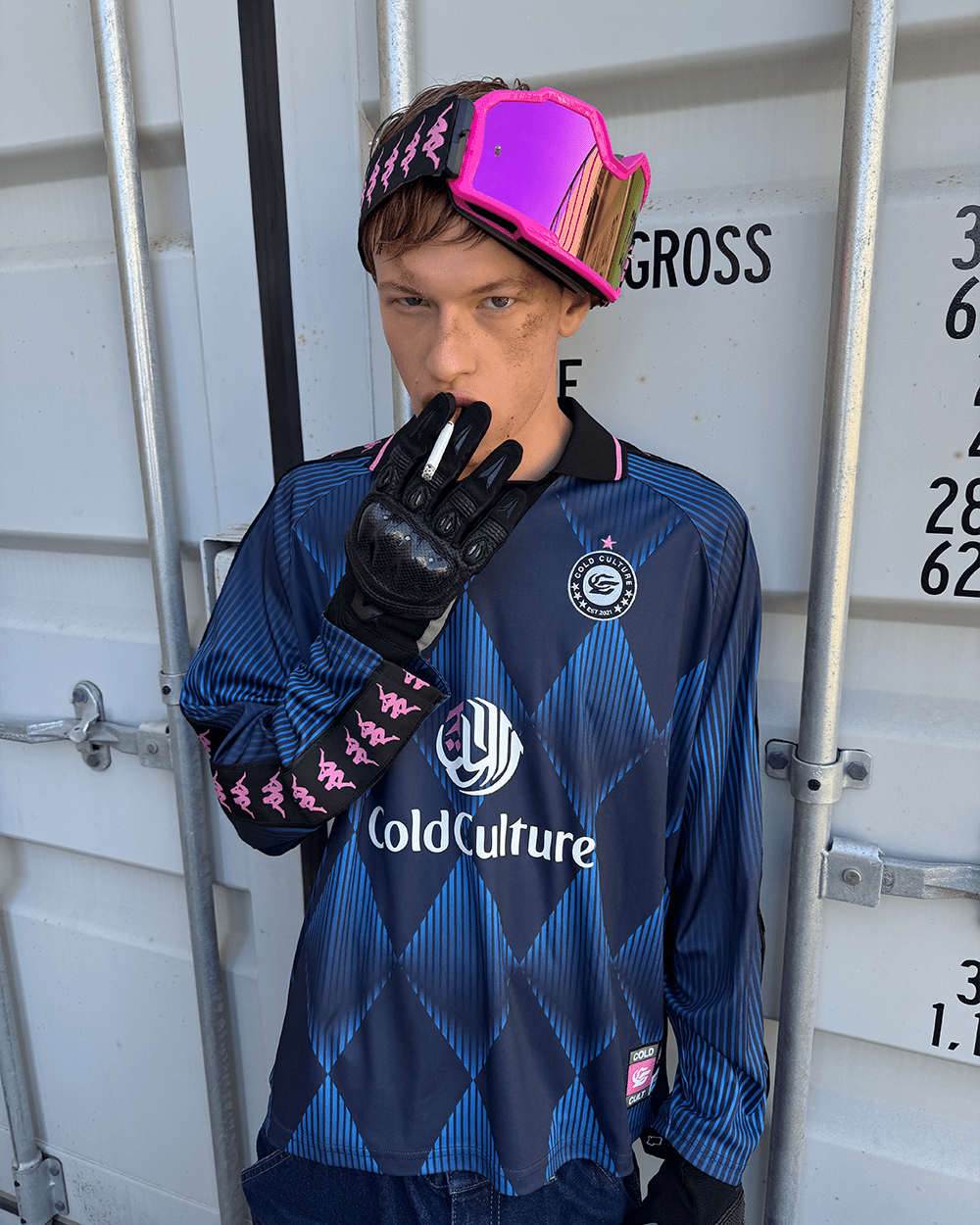 KAPPA X COLD CULTURE LONGSLEEVE BLUE - blue diamond print longsleeve tee, street style shot - Cold Culture