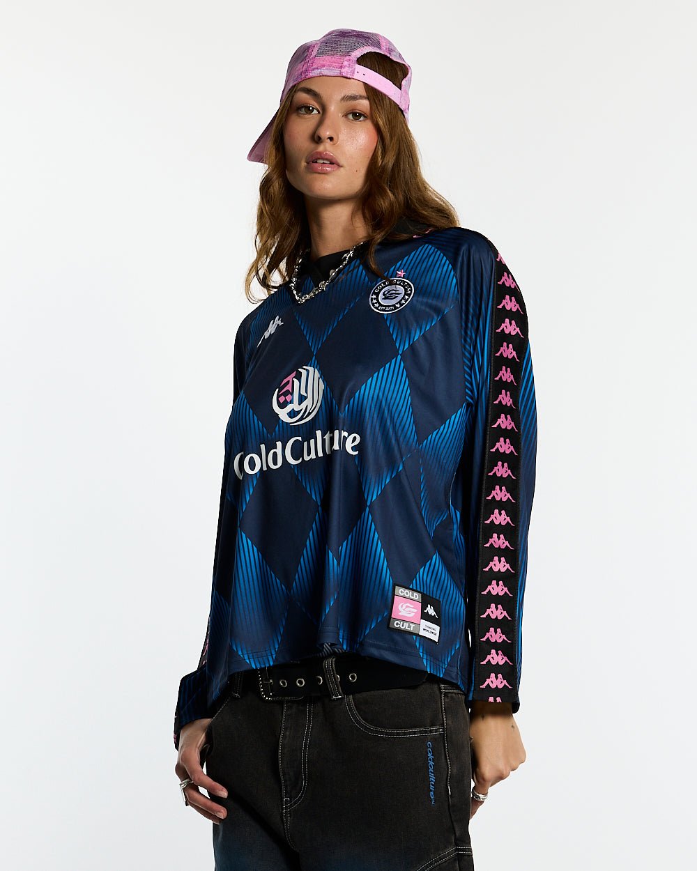 KAPPA X COLD CULTURE LONGSLEEVE BLUE - blue diamond print longsleeve tee, front view on female model - Cold Culture #woman