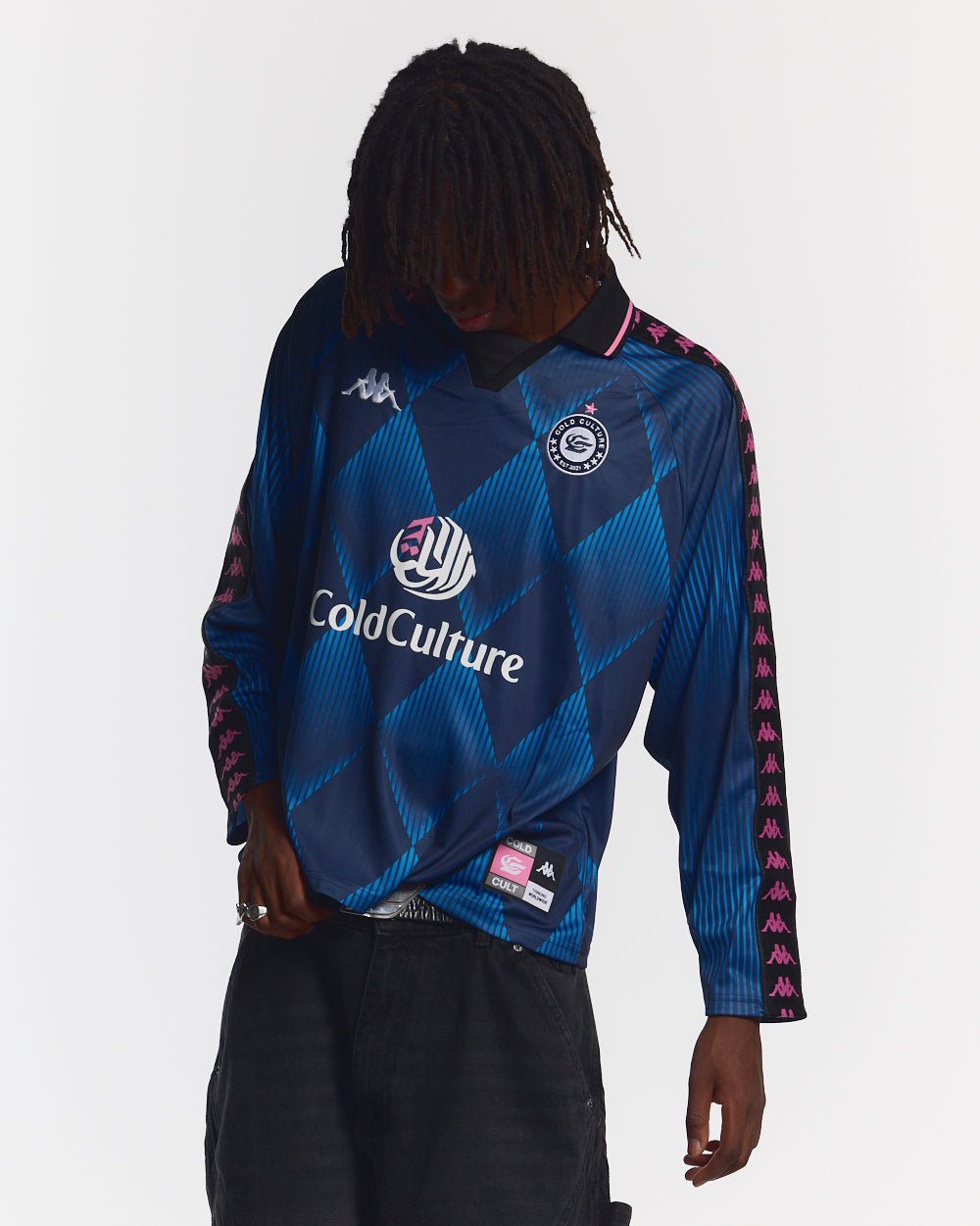 KAPPA X COLD CULTURE LONGSLEEVE BLUE - blue diamond print longsleeve tee, front view on male model - Cold Culture #man