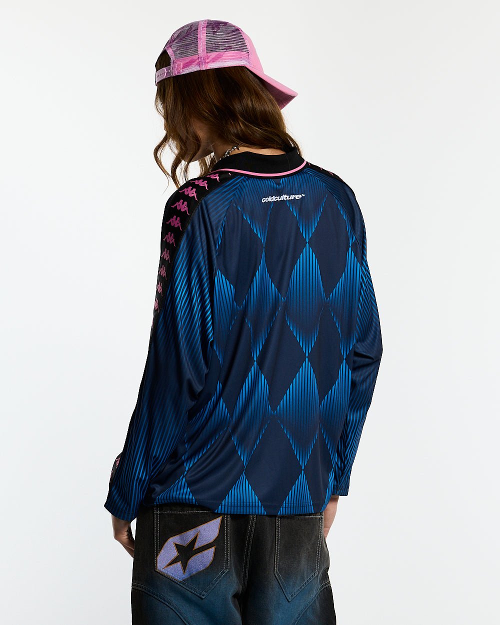 KAPPA X COLD CULTURE LONGSLEEVE BLUE - blue diamond print longsleeve tee, back view on female model - Cold Culture #woman
