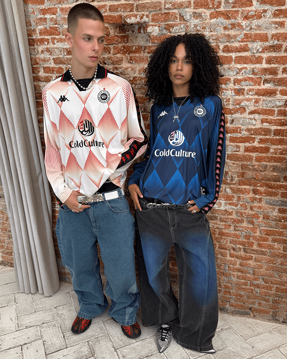 KAPPA X COLD CULTURE LONGSLEEVE BLUE - blue diamond print longsleeve tee, street style shot - Cold Culture #woman