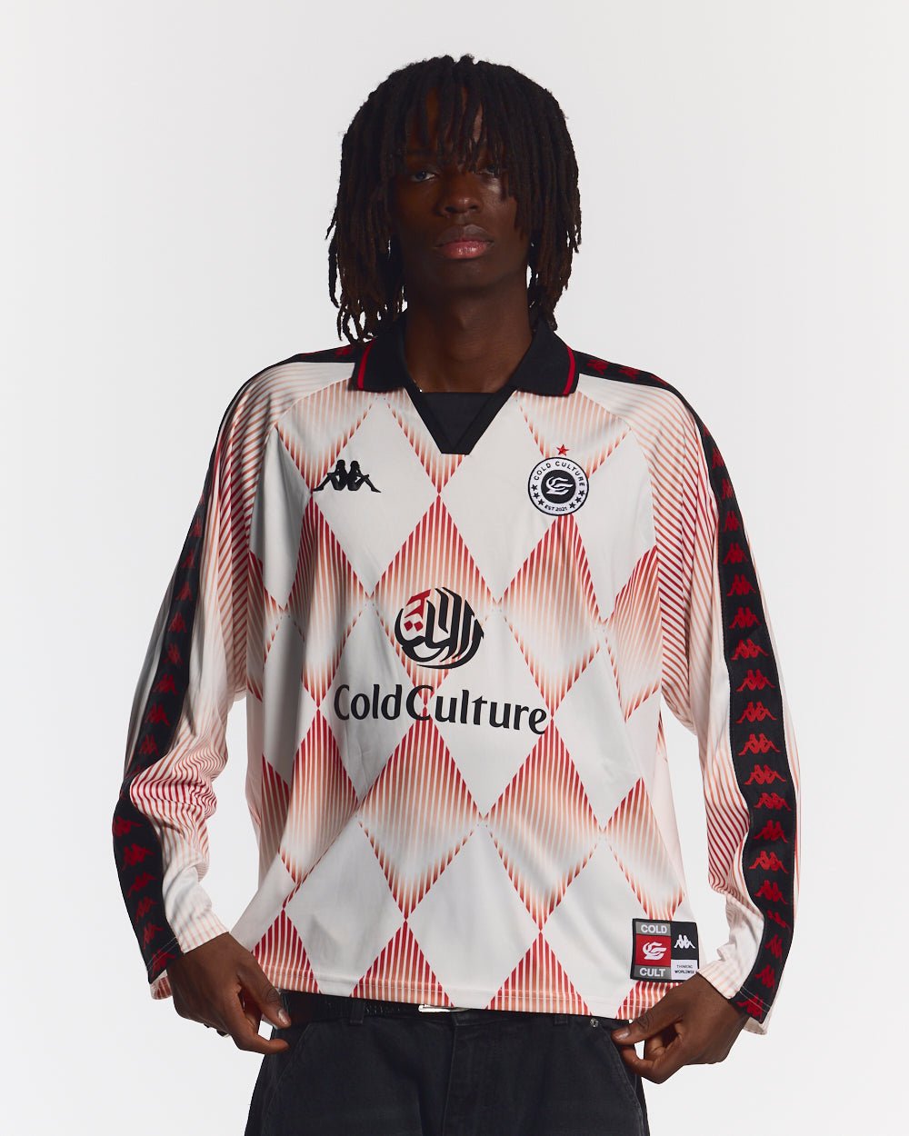 KAPPA X COLD CULTURE LONGSLEEVE RED - red diamond print longsleeve tee, front view on male model - Cold Culture #man