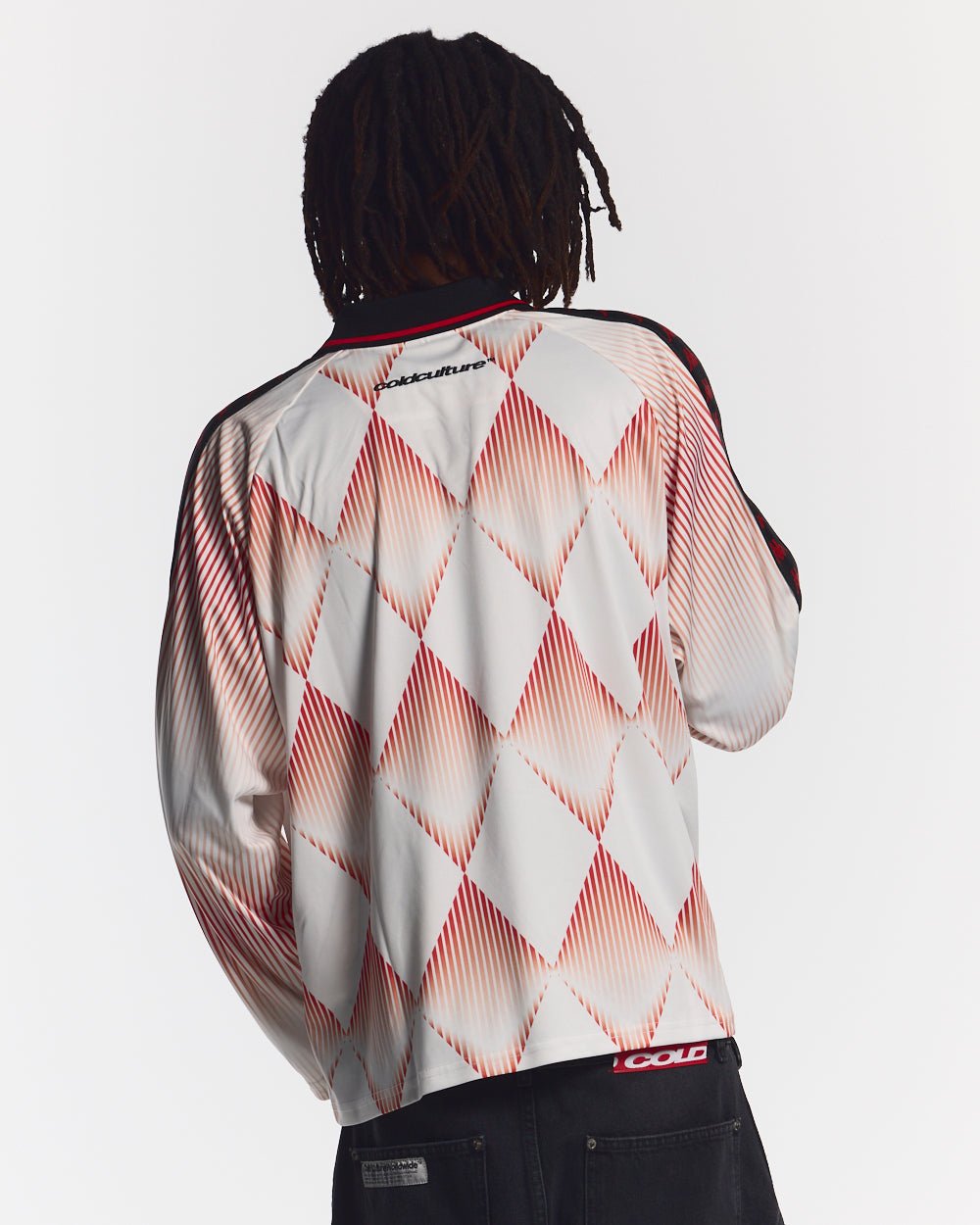 KAPPA X COLD CULTURE LONGSLEEVE RED - red diamond print longsleeve tee, back view on male model - Cold Culture #man