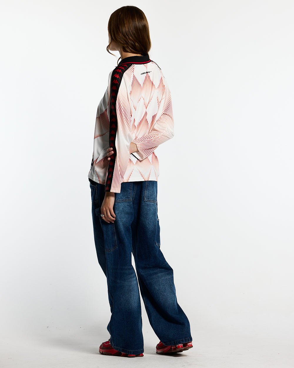 KAPPA X COLD CULTURE LONGSLEEVE RED - red diamond print longsleeve tee, back view on female model - Cold Culture #woman
