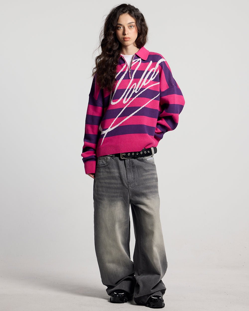 KEVIL V2 PANTS GREY - grey washed pants, front view on female model - Cold Culture #woman