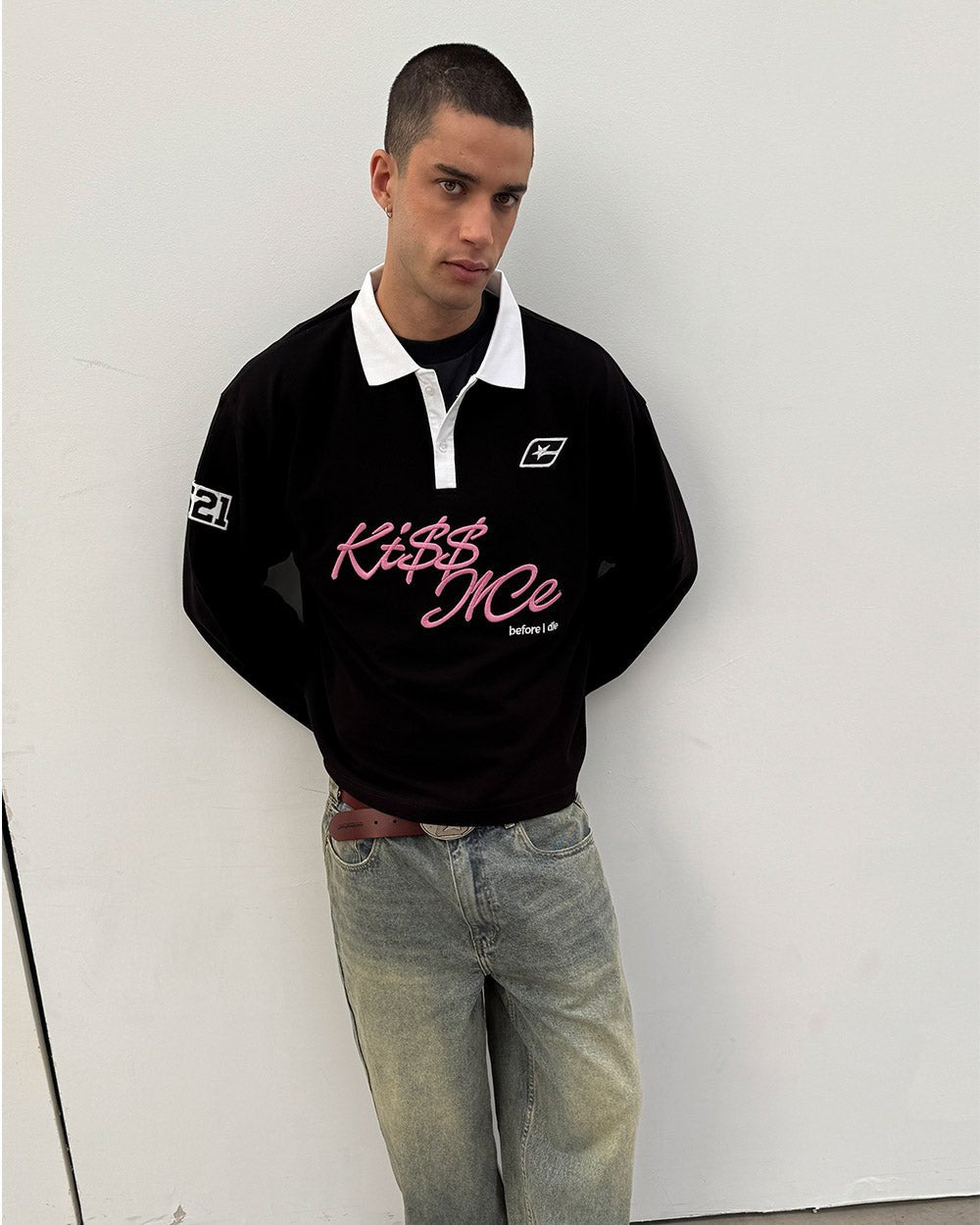 KISS ME POLO BLACK & PINK - black longsleeve polo shirt, front view on male model - Cold Culture