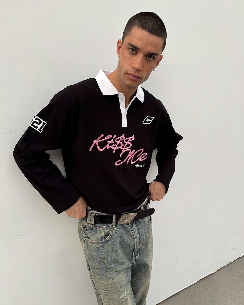 KISS ME POLO BLACK & PINK - black longsleeve polo shirt, front view on male model - Cold Culture