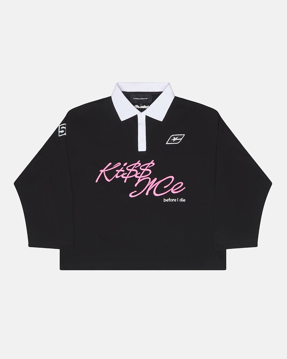 KISS ME POLO BLACK & PINK - black longsleeve polo shirt, front view - Cold Culture #packshot