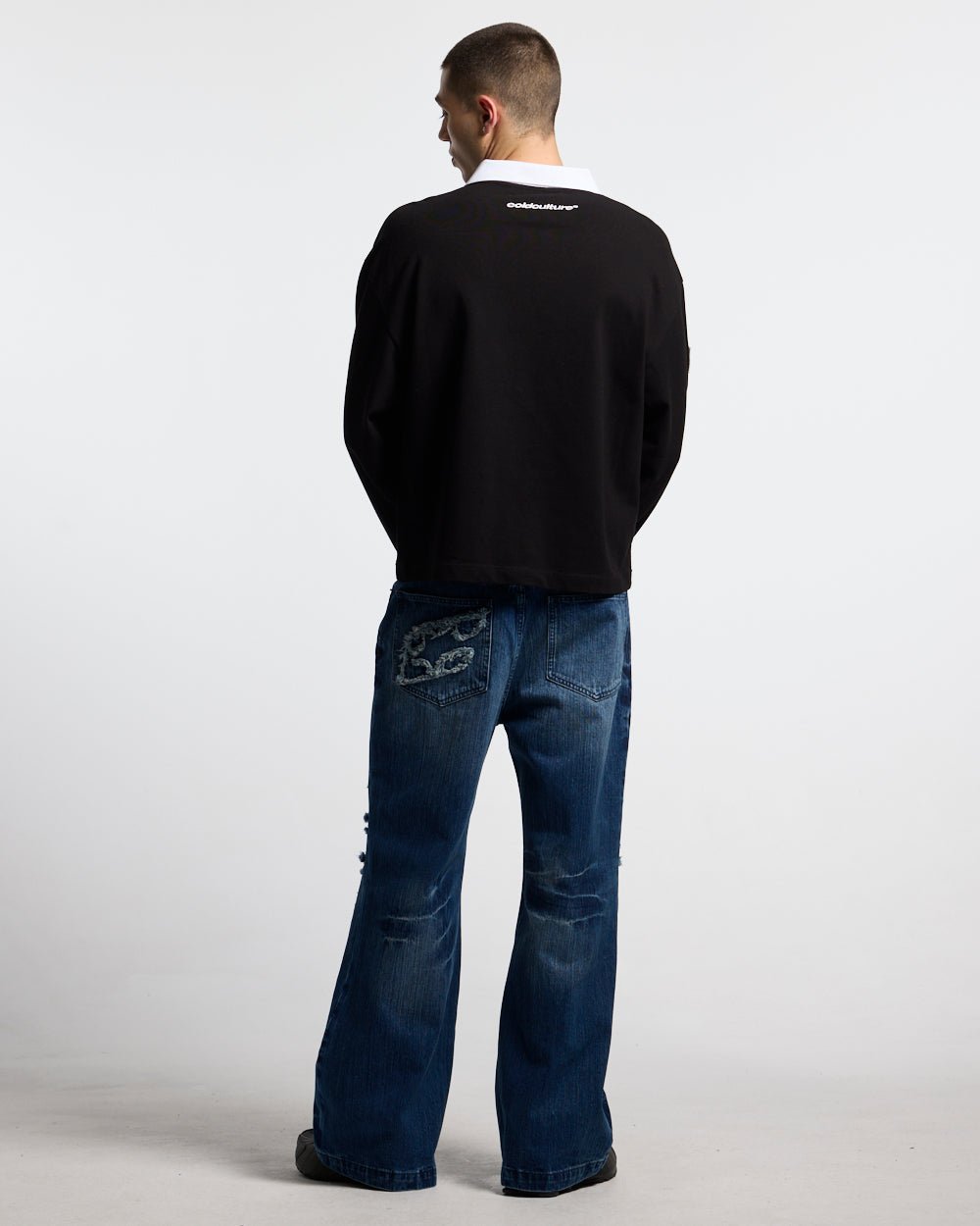 KISS ME POLO BLACK & PINK - black longsleeve polo shirt, back view on male model - Cold Culture #man