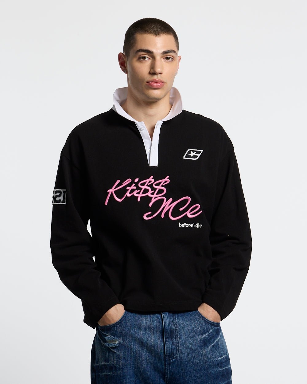 KISS ME POLO BLACK & PINK - black longsleeve polo shirt, front view on male model - Cold Culture #man