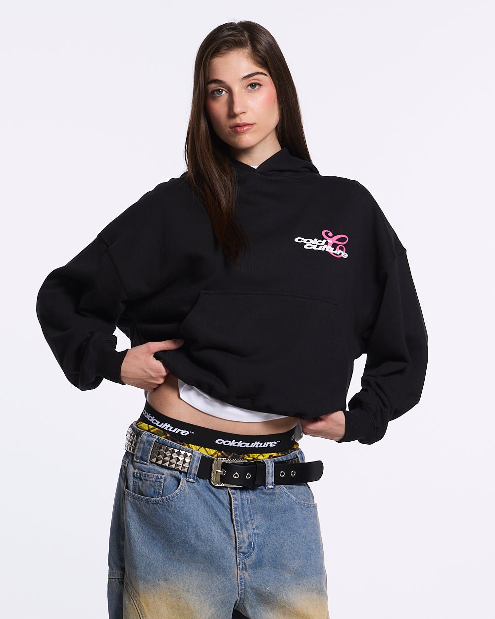 KISS THE BUNNY HOODIE BLACK - black graphic print hoodie, front view on female model - Cold Culture #woman